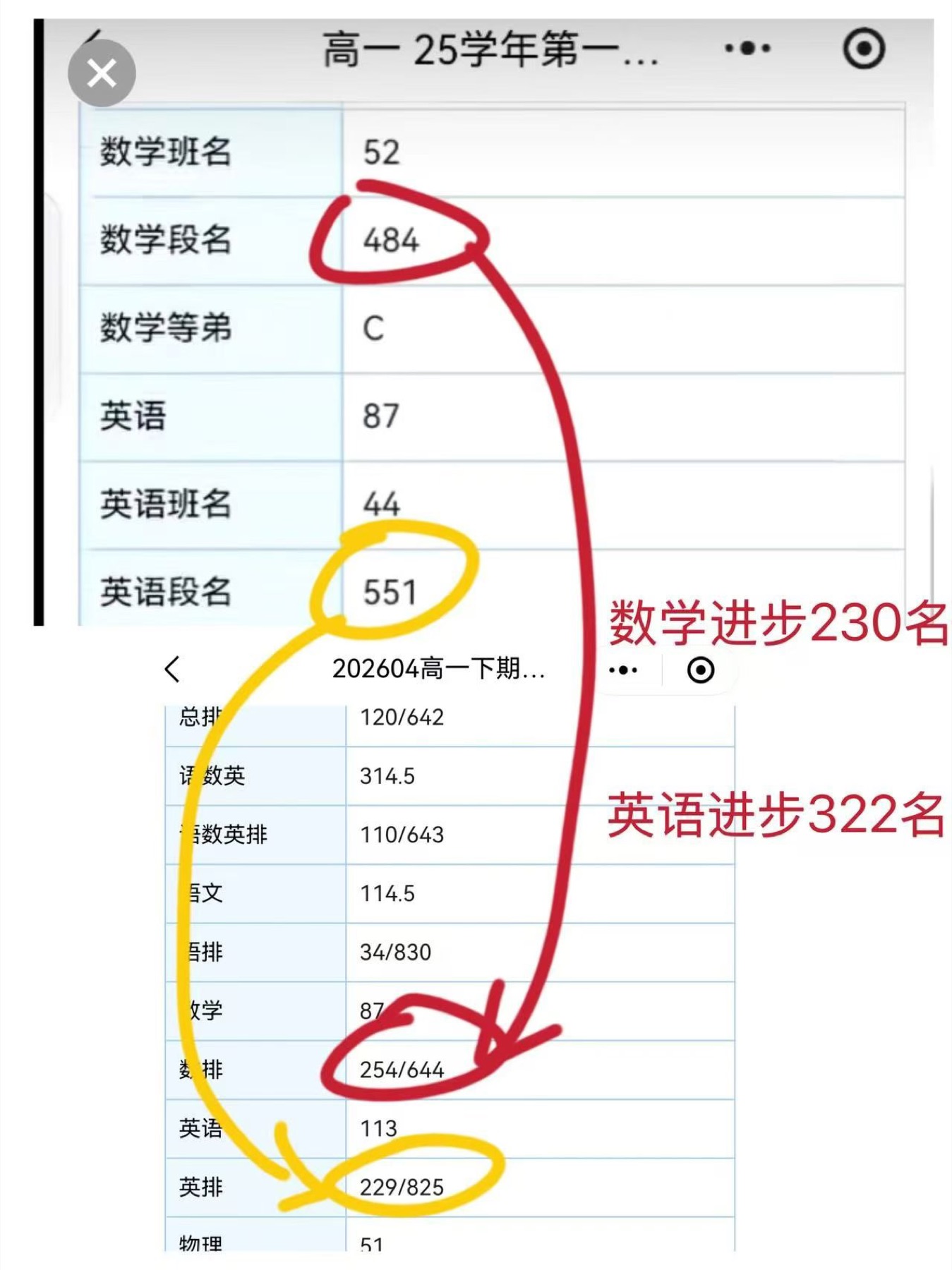 学生数学排名和英语排名阶段进步截图