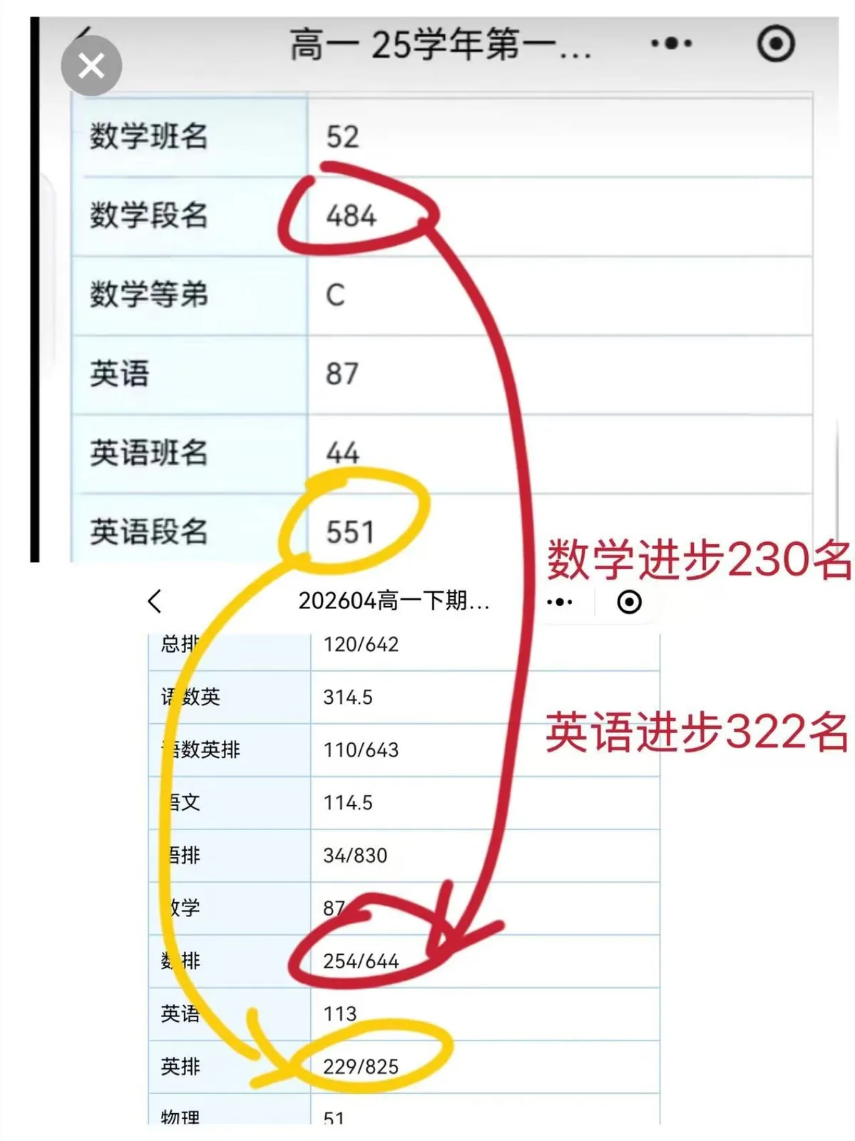 学生数学排名和英语排名阶段进步截图